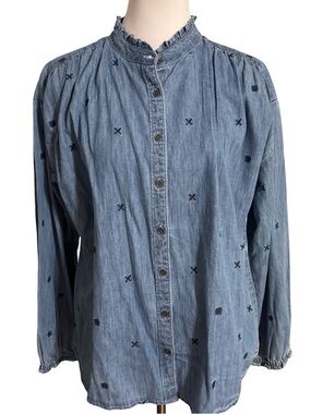 Style & Co. Light Blue Embroidered Denim Button-Down Top